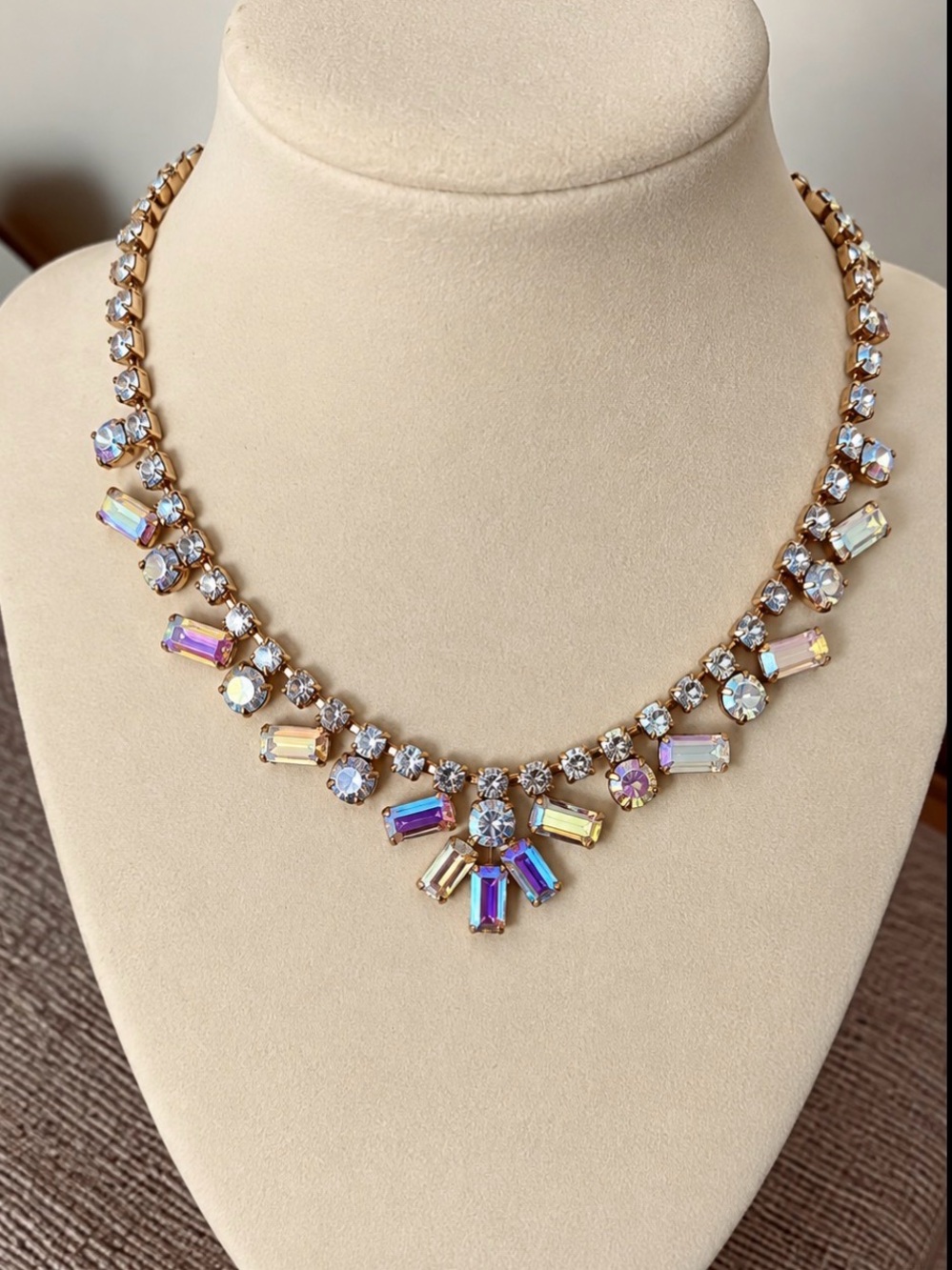 Vintage Rainbow Aurora Crystal Necklace - Gold